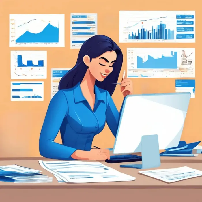 Businesswoman analyzing financial data at her desk with charts and graphs in the background