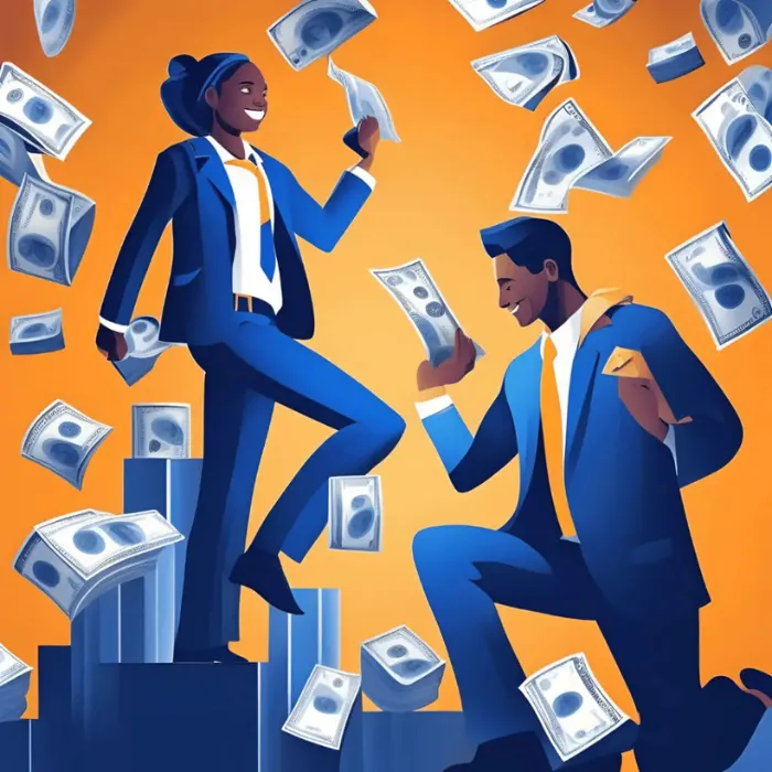 Successful business professionals celebrating financial growth with money flying around